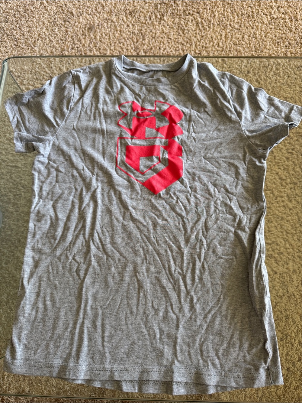 Under Armour light Gray Tee with Bright Pink Logo, excellent condition